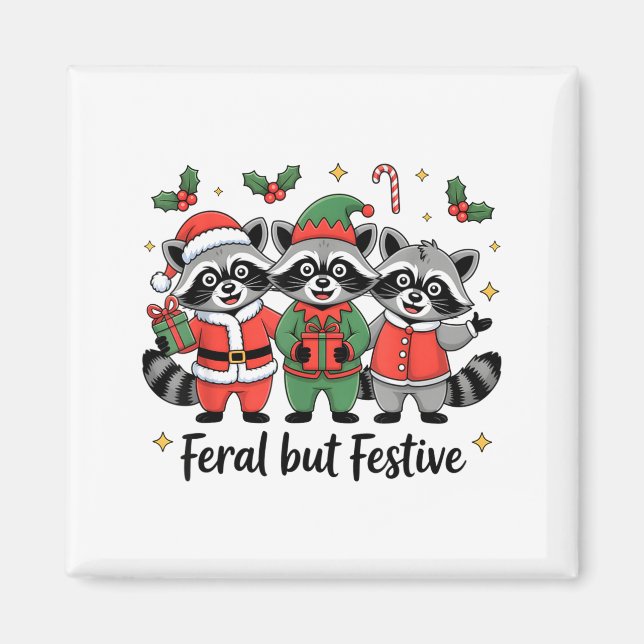 Imán Feral But Festive Funny Christmas Cute Raccoon Elf (Frente)