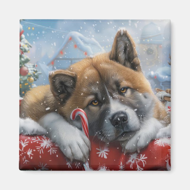 Imán Festival de Navidades de Perro Akita (Frente)