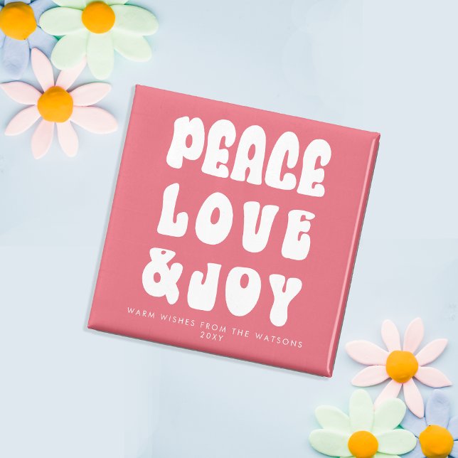 Imán Festividad de Alegría de Alegría del Retro Rosado  (Pink Retro Groovy Peace Love Joy Holiday Magnet)