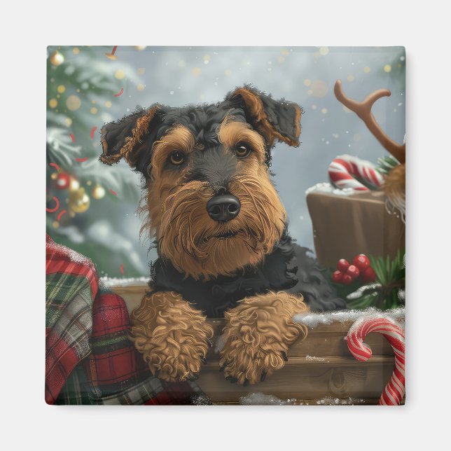 Imán Festividad de los Navidades de perro de Airedale (Frente)
