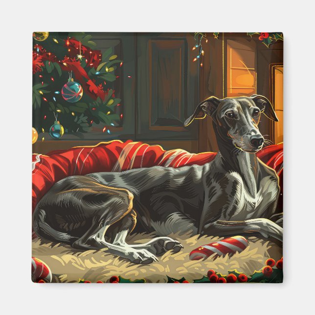 Imán Festividad de los Navidades de perro de Greyhound (Frente)