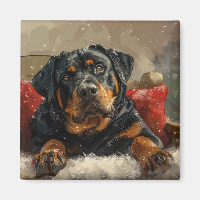 Imán Festividad de los Navidades de perro de Rottweiler (Frente)