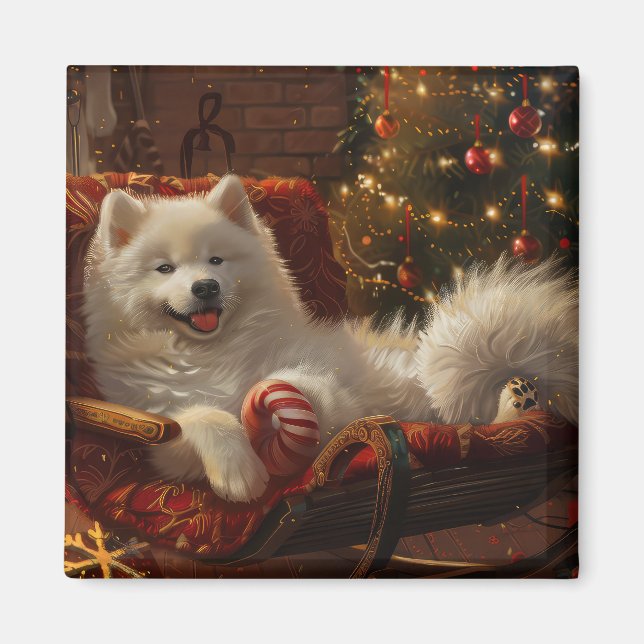 Imán Festividad de los Navidades de perro de Samoyed (Frente)