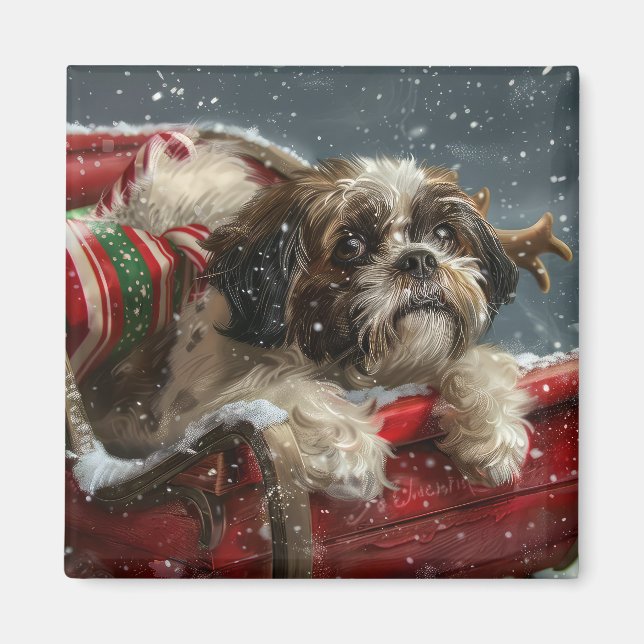 Imán Festividad de los Navidades de perro de Shih Tzu (Frente)