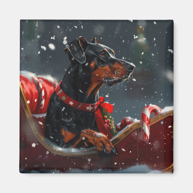 Imán Festividad de Navidades de perro de Doberman (Frente)