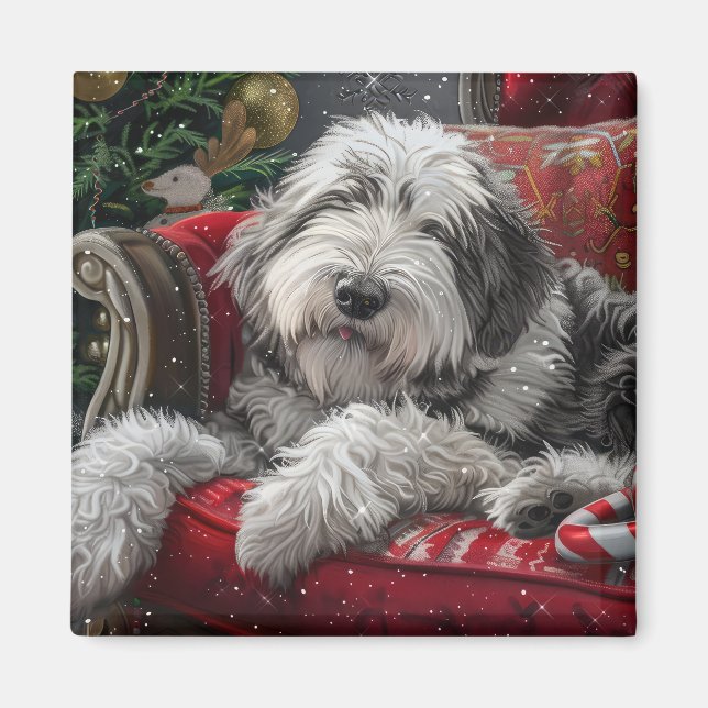 Imán Festividad de Navidades de Sheepdog ingleses viejo (Frente)