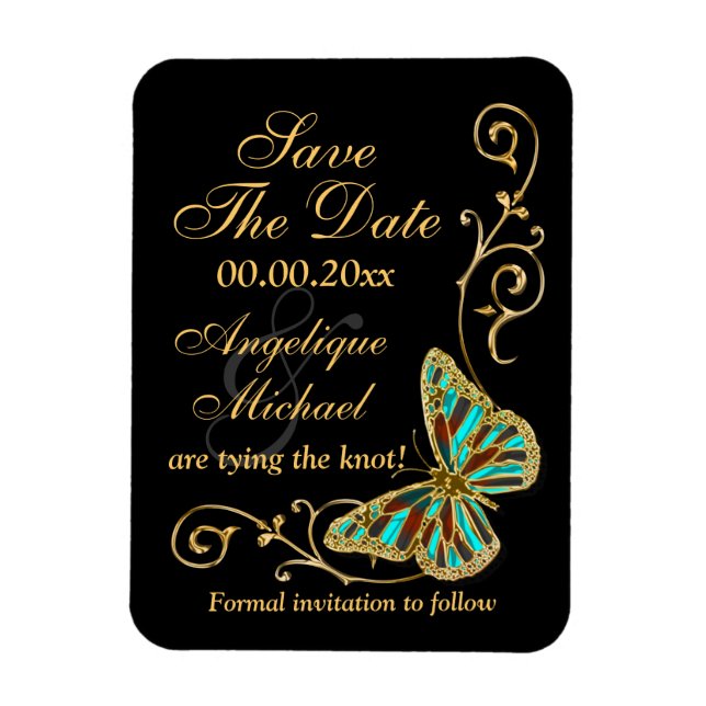Imán Fiesta de bodas de mariposa negra de oro (Vertical)