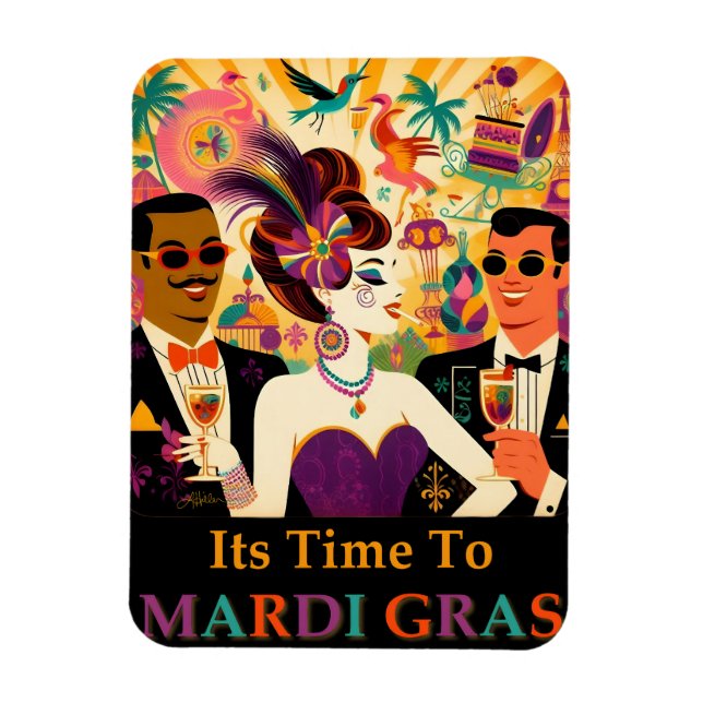 Imán Fiesta de cócteles de Mid Century Mardi Gras (Vertical)