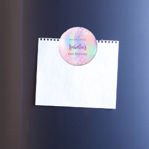 Imán Fiesta de cumpleaños con nombre holográfico rosa