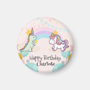 Imán Fiesta de cumpleaños de Dinosaur Rainbow Unicorno