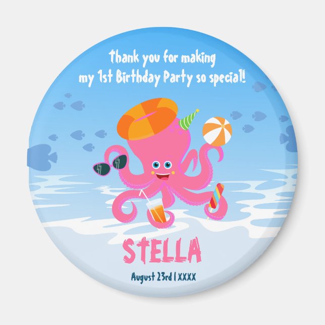 Imán Fiesta de cumpleaños de niña bebé de verano pulpo  (Frente)