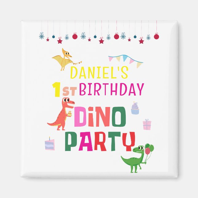 Imán fiesta de cumpleaños de un niño de dinosaurio chin (Frente)