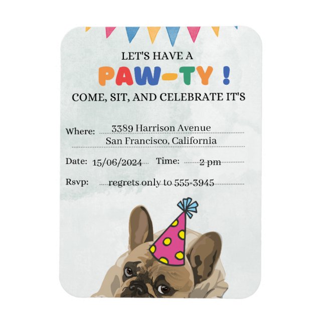 Imán Fiesta de cumpleaños del perro de pug Puppy Paw-ty (Vertical)