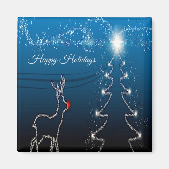 Imán Fiesta de Navidad Reno Arbol Cielo Azul Estrellas  (Frente)