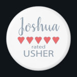Imán Fiesta de novias y bodas 5 Heart Usher<br><div class="desc">Los miembros de la fiesta nupcial y nupcial se sentirán amados y apreciados con un regalo de "cinco corazones" hecho especialmente para ellos. El amor es de lo que se trata. Ya sea un boda de ciudad o una boda de destino, los artículos personalizados le harán sonreír. Las camisetas del...</div>