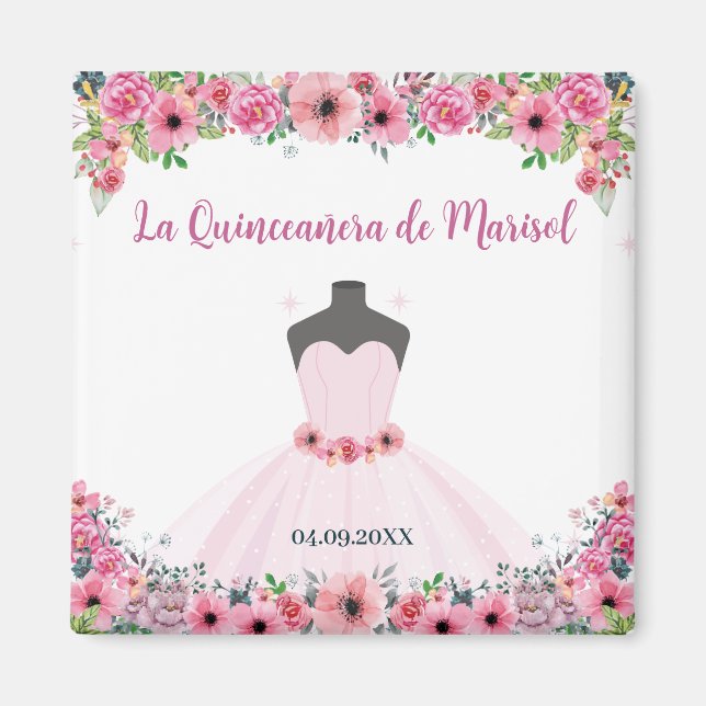 Imán Fiesta De Vestido Quinceanera Floral Rosa (Frente)