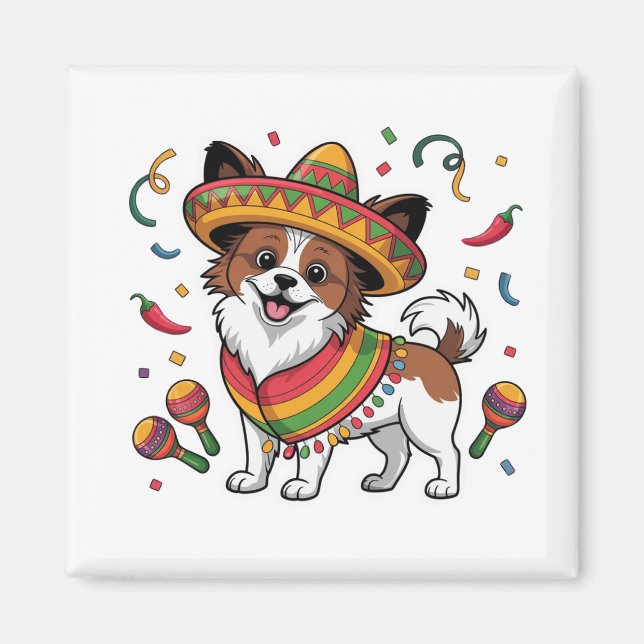 Imán Fiesta Papillon Dog con Sombrero y Sarape (Frente)