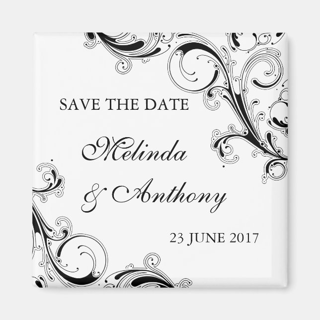 Imán Filigree Swirl Black w/White Save the Date (Frente)