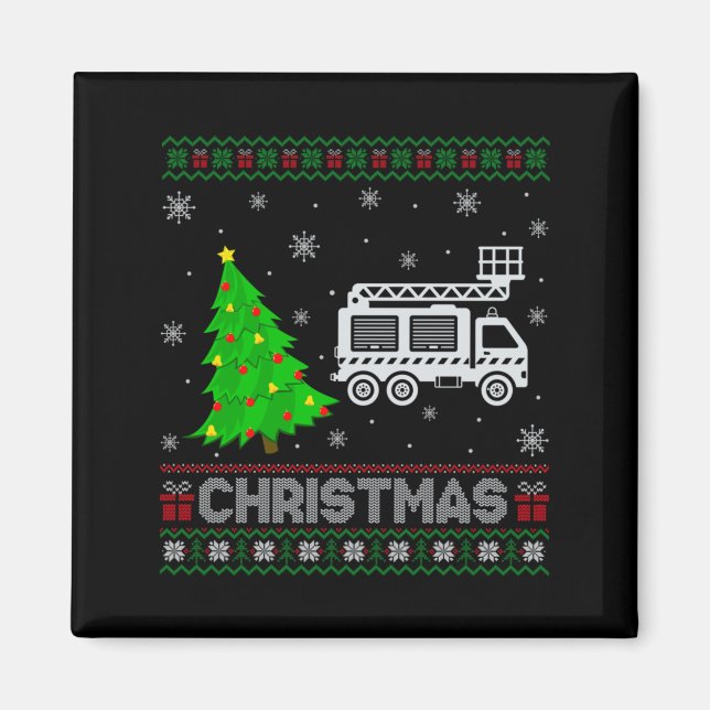 Imán Fire Truck Xmas Tree Lighting Ugly Christmas Sweat (Frente)