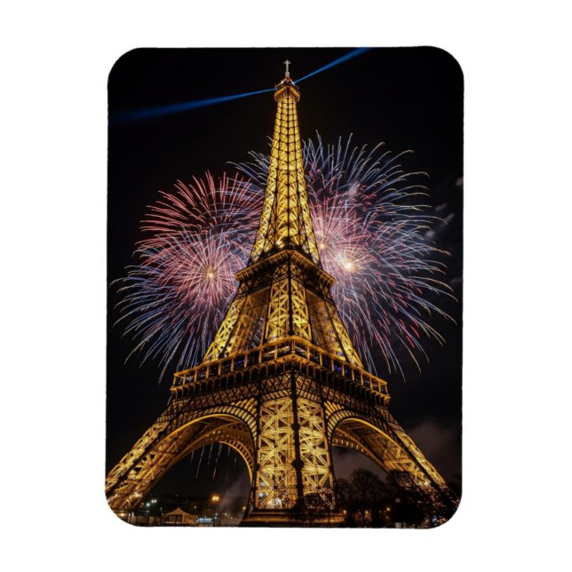 Imán Fireworks Paris Eiffel Tower Cafes Postcard (Vertical)