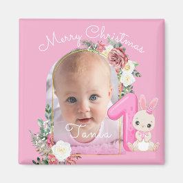 Imán First Christmas Pink Baby Girl Photo floral
