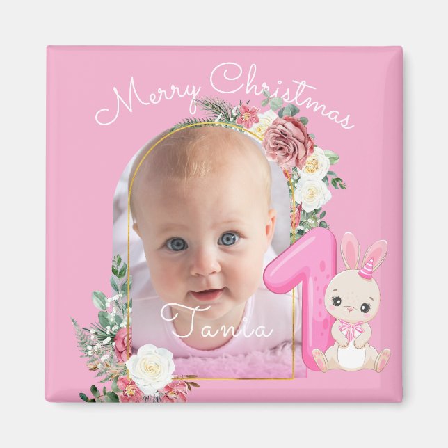 Imán First Christmas Pink Baby Girl Photo floral (Frente)