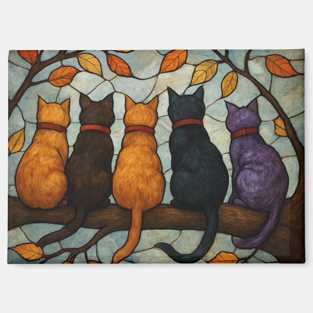 Imán Five Cats on a Tree Branch Stained Glass Style (Anverso)