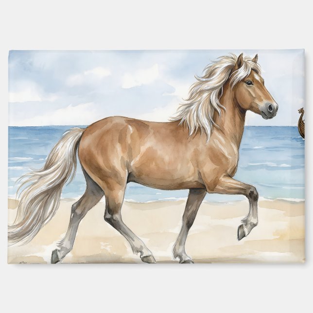 Imán Fjara Caballo islandés acuarela en la playa (Anverso)