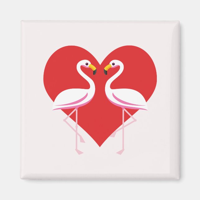Imán Flamencos blancos rosados con corazón rojo (Frente)