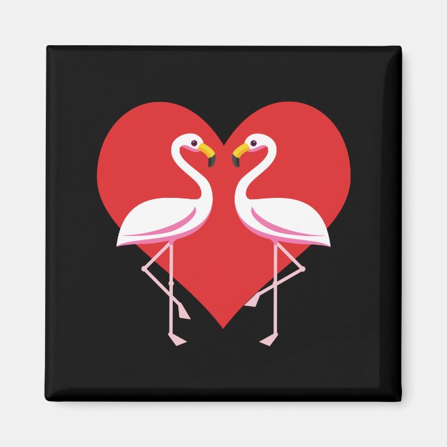 Imán Flamencos blancos rosados con corazón rojo (Frente)