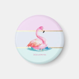 Imán Flamencos rosados con rayas pastel modernas