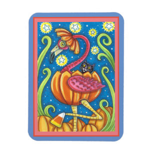 IMÁN FLAMINGO ROJO DE HALLOWEEN Y GATO NEGRO EN PUMPKIN
