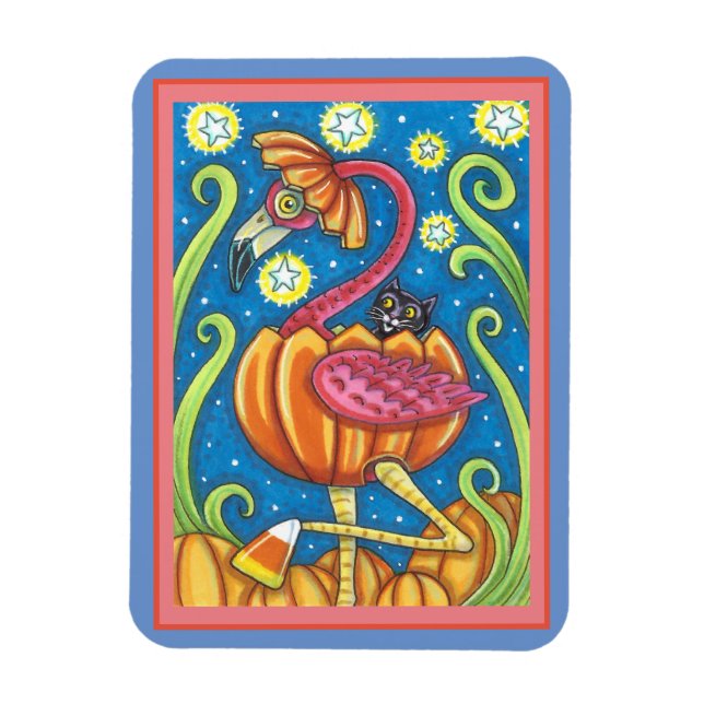 IMÁN FLAMINGO ROJO DE HALLOWEEN Y GATO NEGRO EN PUMPKIN (Vertical)