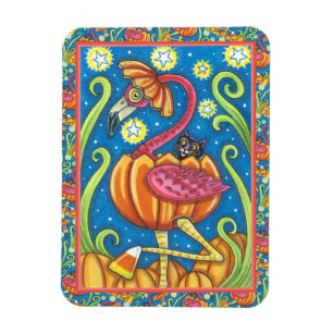 IMÁN FLAMINGO ROJO DE HALLOWEEN Y GATO NEGRO EN PUMPKIN