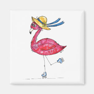 Imán Flamingo rosa dulce y caprichoso en los patines