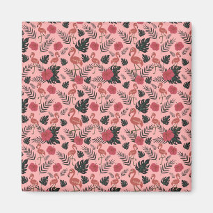 Imán Flamingo rosa sin costura flores patrón y hojas