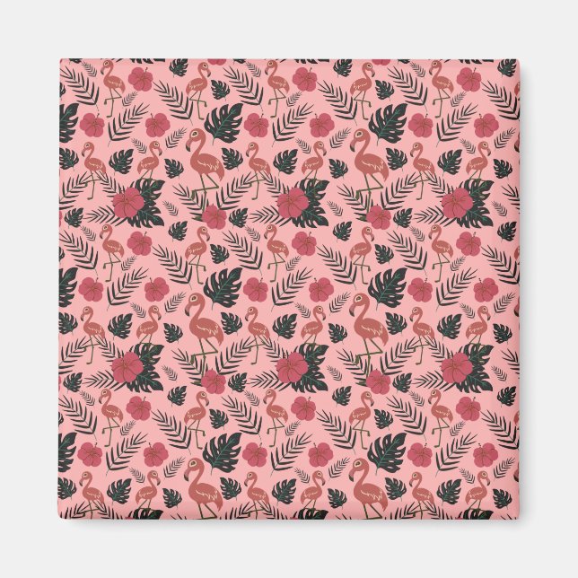 Imán Flamingo rosa sin costura flores patrón y hojas (Frente)