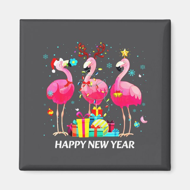 Imán Flamingo Santa Hat Happy New Year Light Long Sleev (Frente)
