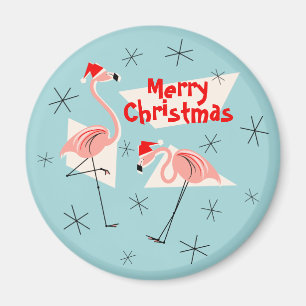 Imán Flamingo Santas Blue Merry Navidad Magnate round