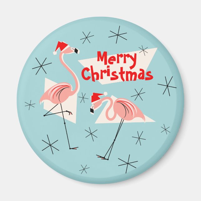 Imán Flamingo Santas Blue Merry Navidad Magnate round (Frente)