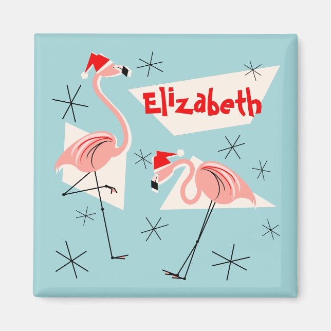 Imán Flamingo Santas Blue Name imnet cuadrado (Frente)