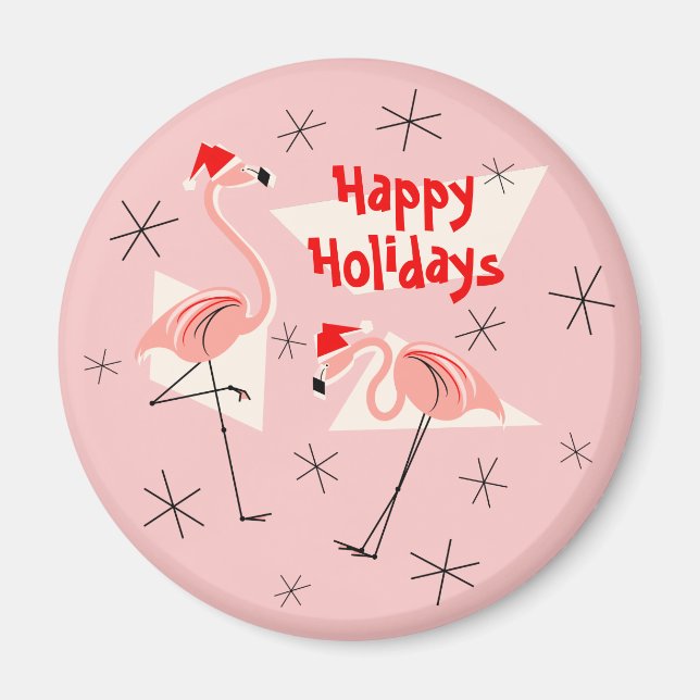 Imán Flamingo Santas Pink Happy Holidays (Frente)