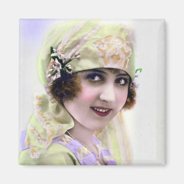 Imán Flapper de los años 1920 en verde y morado (Frente)