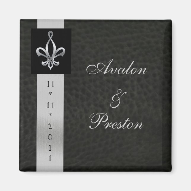 Imán Fleur De Lis Black Leather Save The Date Magnet (Frente)