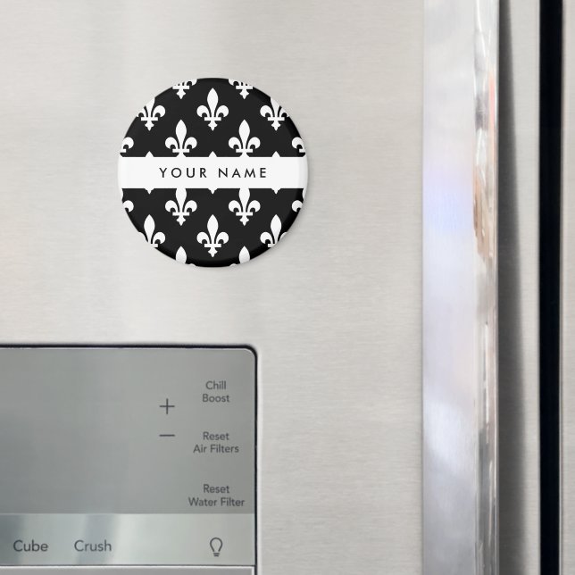Imán Fleur de Lis, Blanco sobre Negro, Blanco, Tu Nombr (In situ (nevera))