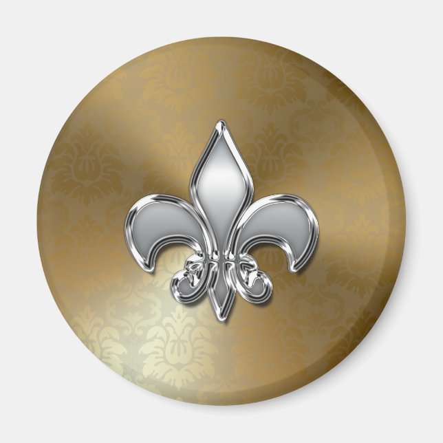 Imán Fleur-De-Lis plateado en damasco de oro (Frente)