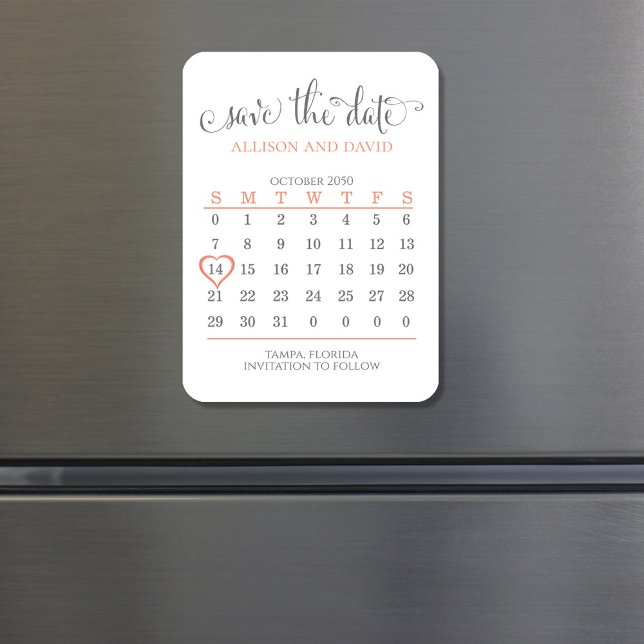 Imán flexible con foto (Peach and grey Wedding save the date calendar magnet.)
