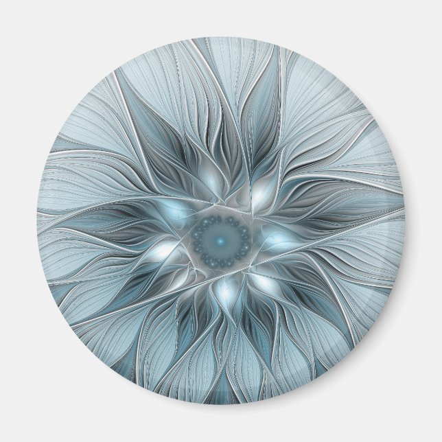 Imán Flor abstracta alegre azul gris fractal floral (Frente)