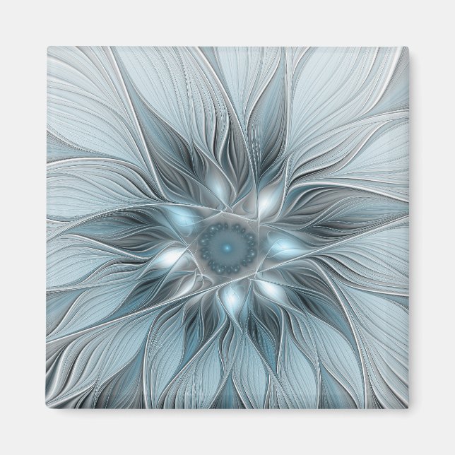 Imán Flor abstracta alegre azul gris fractal floral (Frente)