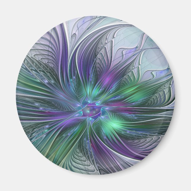 Imán Flor Abstracta Moderna Fractal Verde Púrpura (Frente)